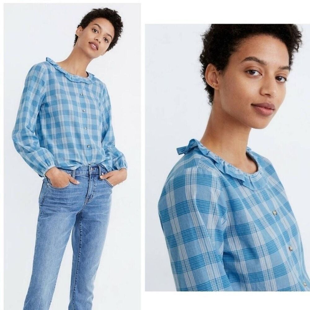 Madewell Colwell Plaid Ruffle Neck Blouse Small Blue Button Up Peasant Top Cotto